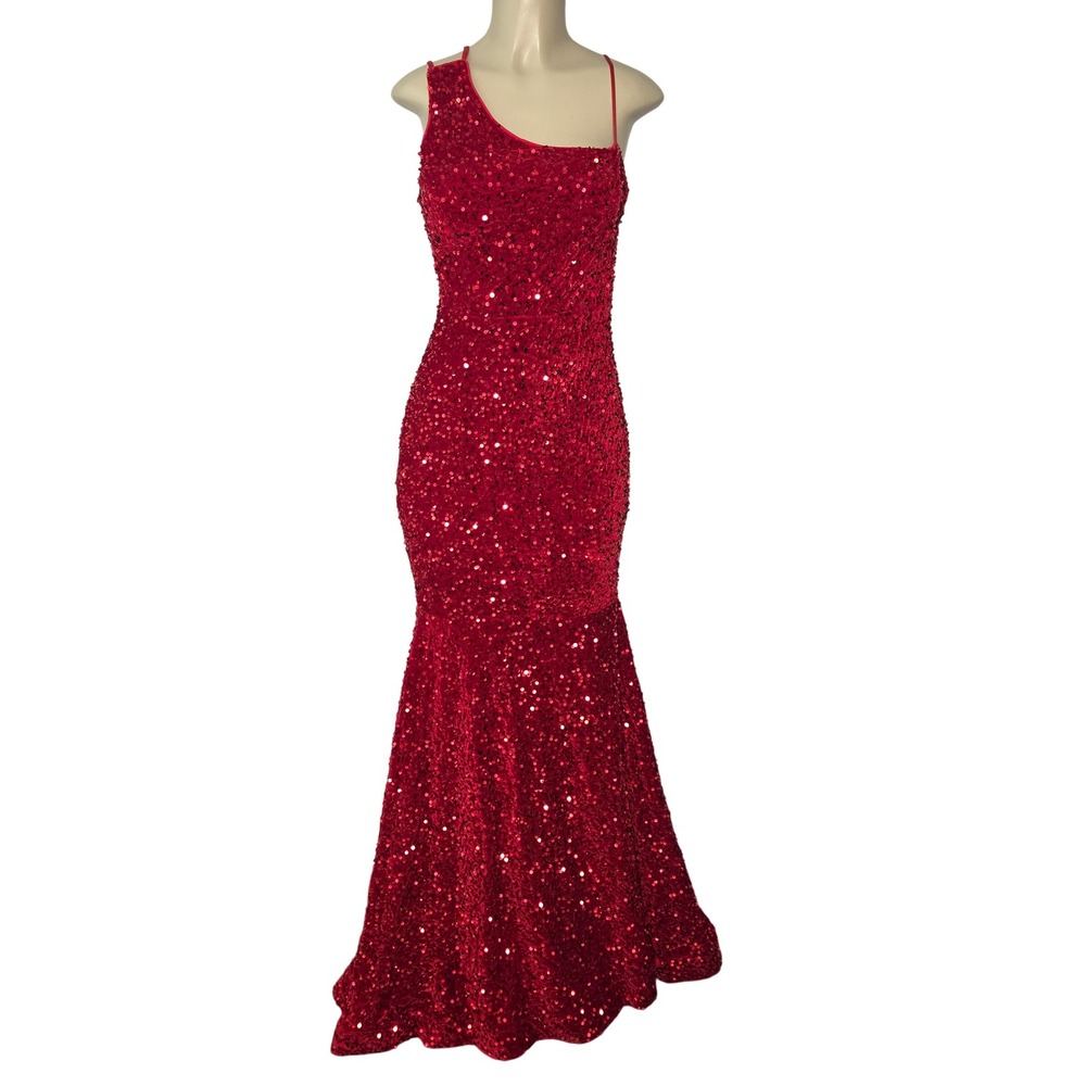 Unbranded Sequin Gown Women S Red One Shoulder Mermaid Formal Prom Dress 3041